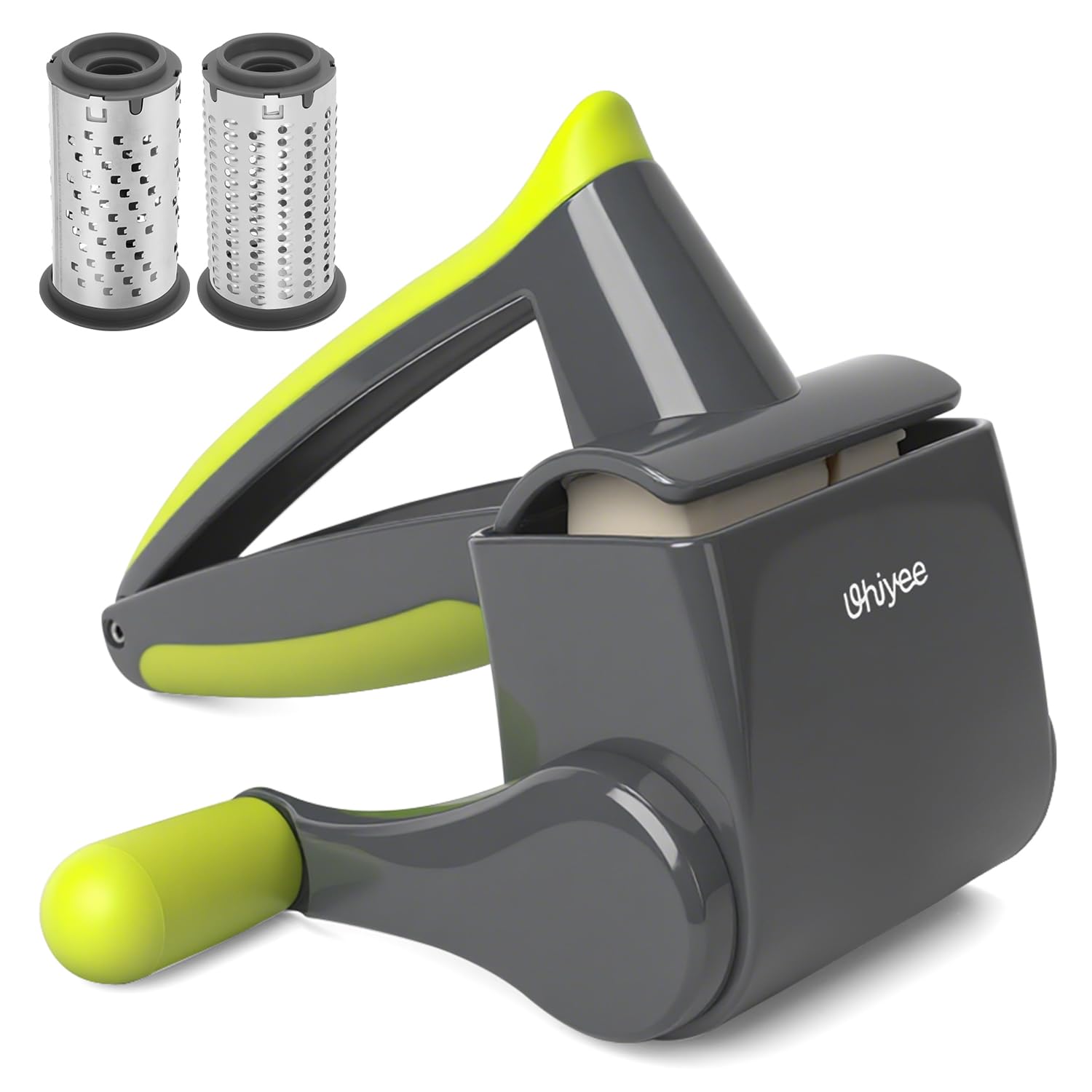 UHIYEE Patented Rotary Parmesan Cheese Grater, Hand Crank Cheese Shredder with Fine & Coarse Drums, Restaurant Quality, White, Stainless Steel & ABS,