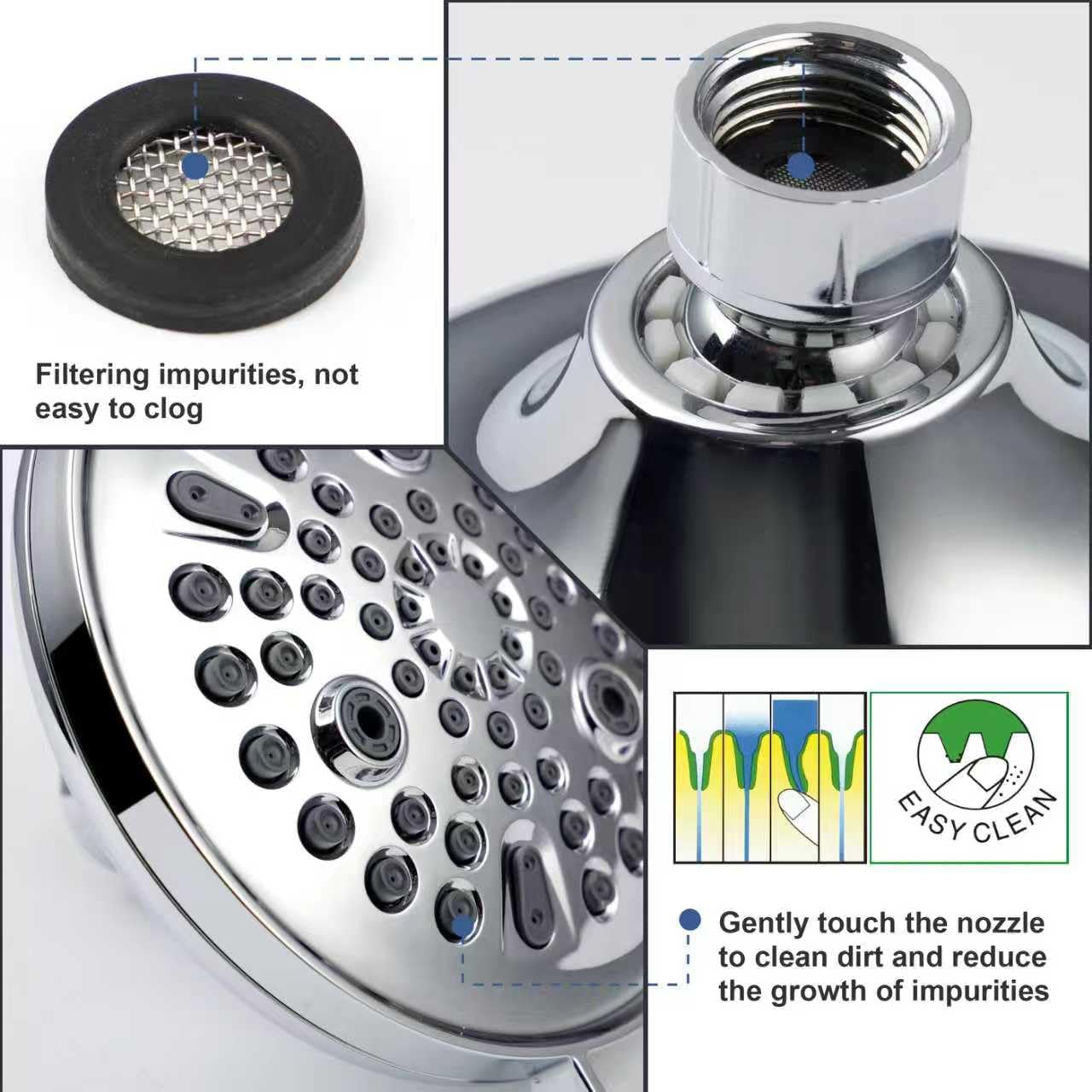 Low Flow High Pressure Replacement Shower Head Screw on,Durable Copper 5.5 Inch Fixed Showerhead with 9 Spray Modes,Only Detachable Showerhead 360°Rotating Shower Head for Relaxing,Comfortable Shower