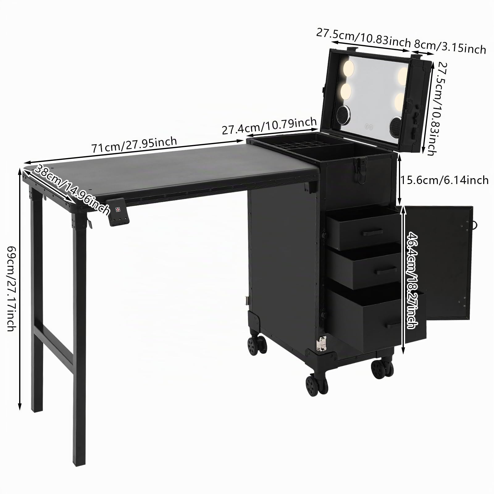 Valigetta cosmetica professionale Trolley 2 in 1 con tavolo fino a 50 kg, tavolo per manicure con 3 cassetti, specchio LED, 4 rotoli, valigetta multifunzione per cosmetici, Nero , 38.6*32