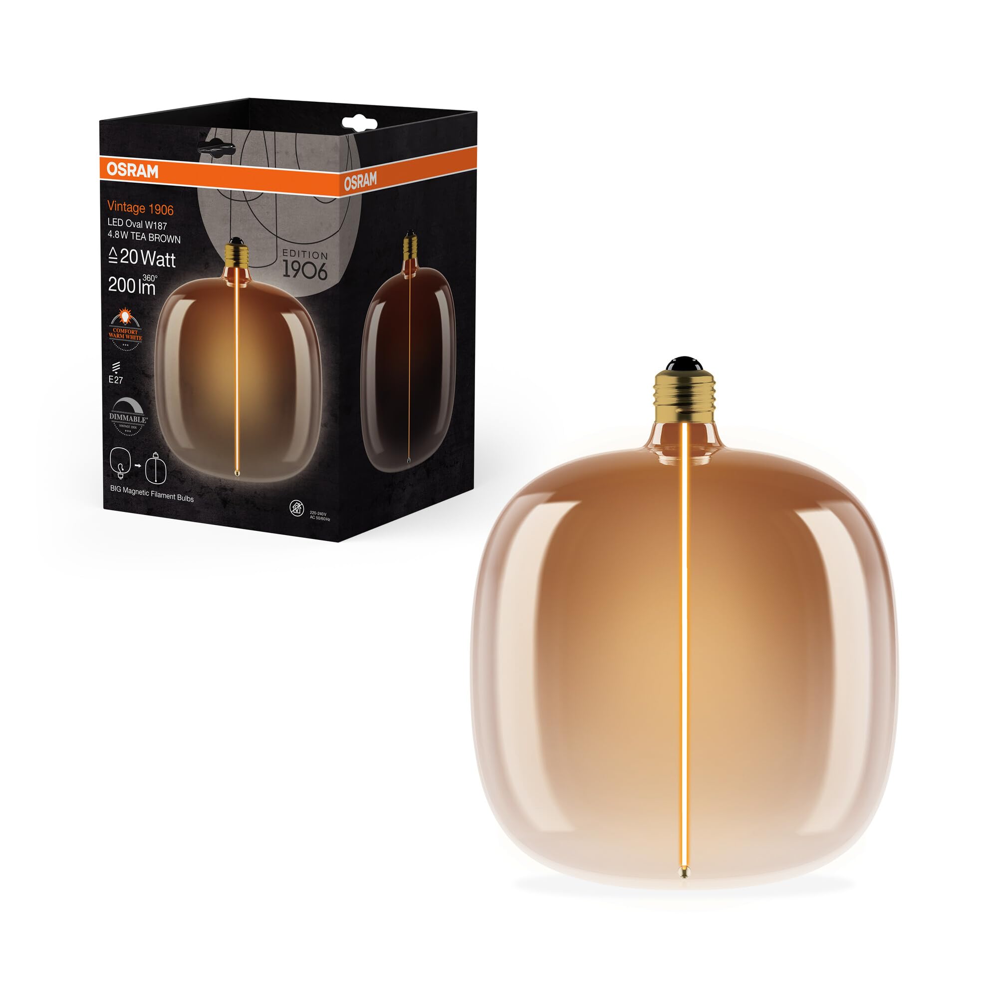 OSRAM Vintage 1906 Big Oval es una lámpara decorativa regulable con | , LED Lamps, 187.00 Millimetres dia, , Paquete de 1