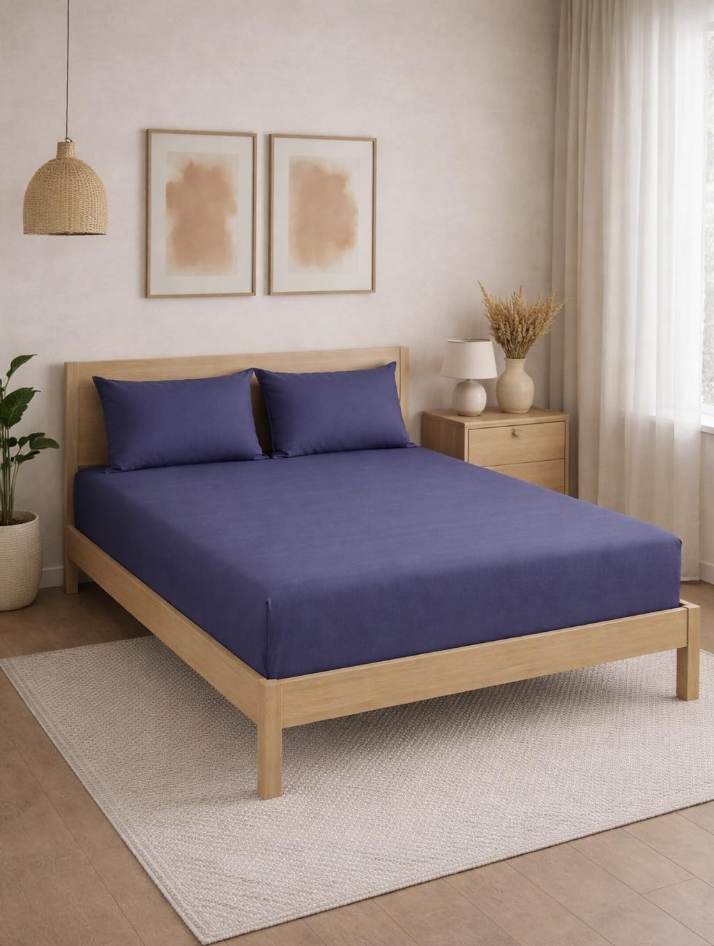 THE HOME STYLE Solid Plain Cotton Feel Fitted Bedsheet (72x78 inches) with Reversible Comforter (90x100 inches) | King Size | 2 Pillow Covers | 300 TC | 4-Piece Bedding Set (Blueberry)