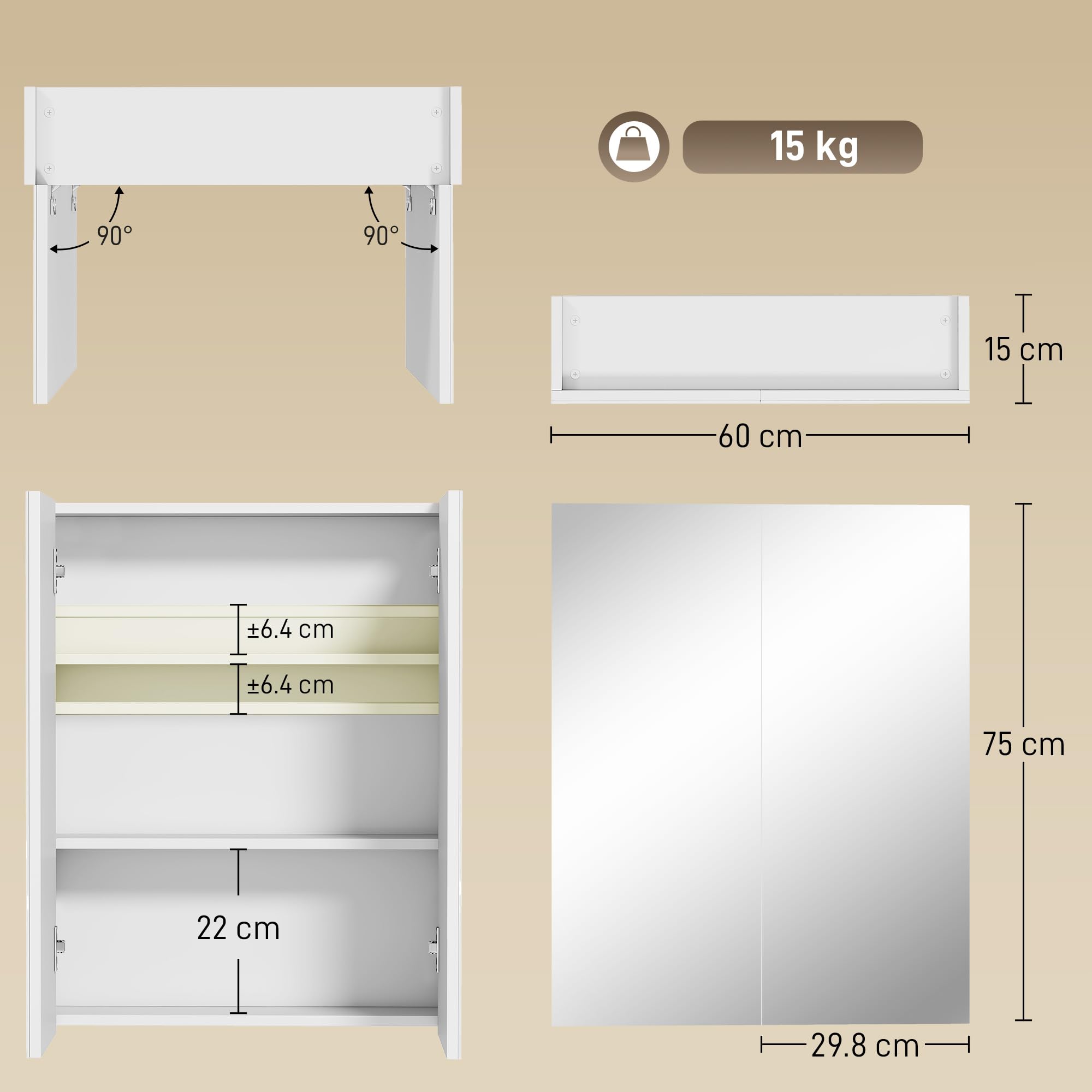 HOMCOM Armadietto Pensile da Bagno Due Ante con Specchiera e 2 Ripiani Interni, Mobiletto Bagno con Specchio e Soft Close in MDF, 60x15x75 cm, Bianco