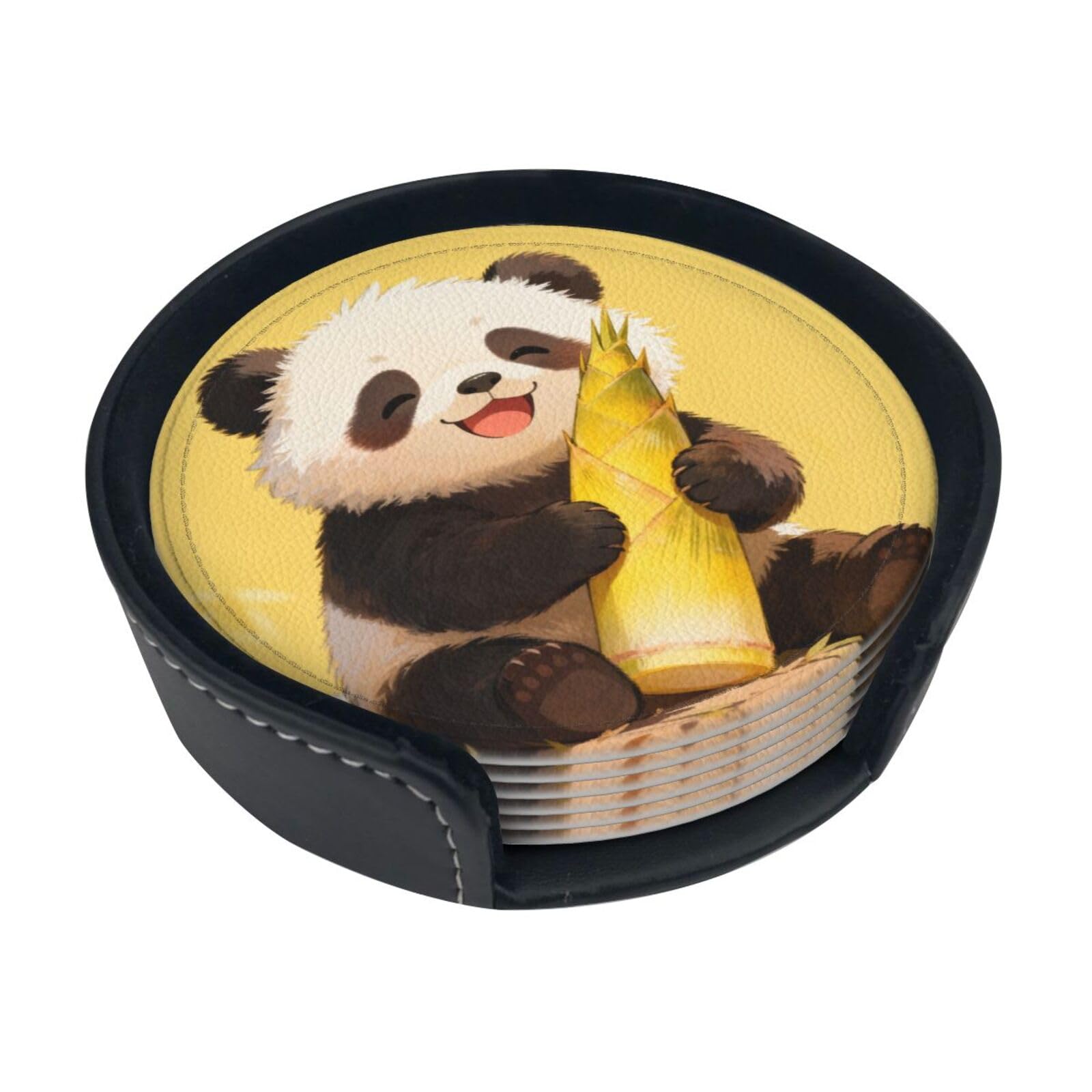 Cntdbu White Panda Hold Bamboo (1) Leather Coasters Set Of 6-Pu Leather Drink Mats For Table, Heat Resistant Round Coasters With Holder