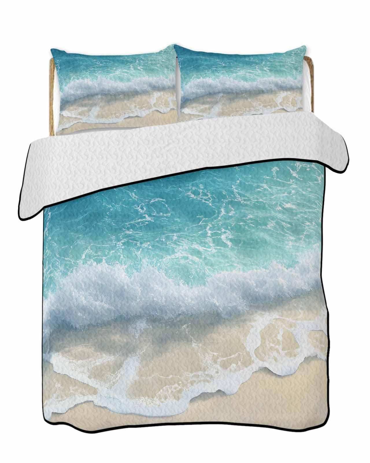 3-Piece Summer Quilt Twin XL Size, Ocean Summer Coastal Lightweight Cooling Bedding Comforter Blanket with 2 Pillow Shams, Sea Waves Blue Green Water Beach Bedspreads Quilted Coverlet Sets 68