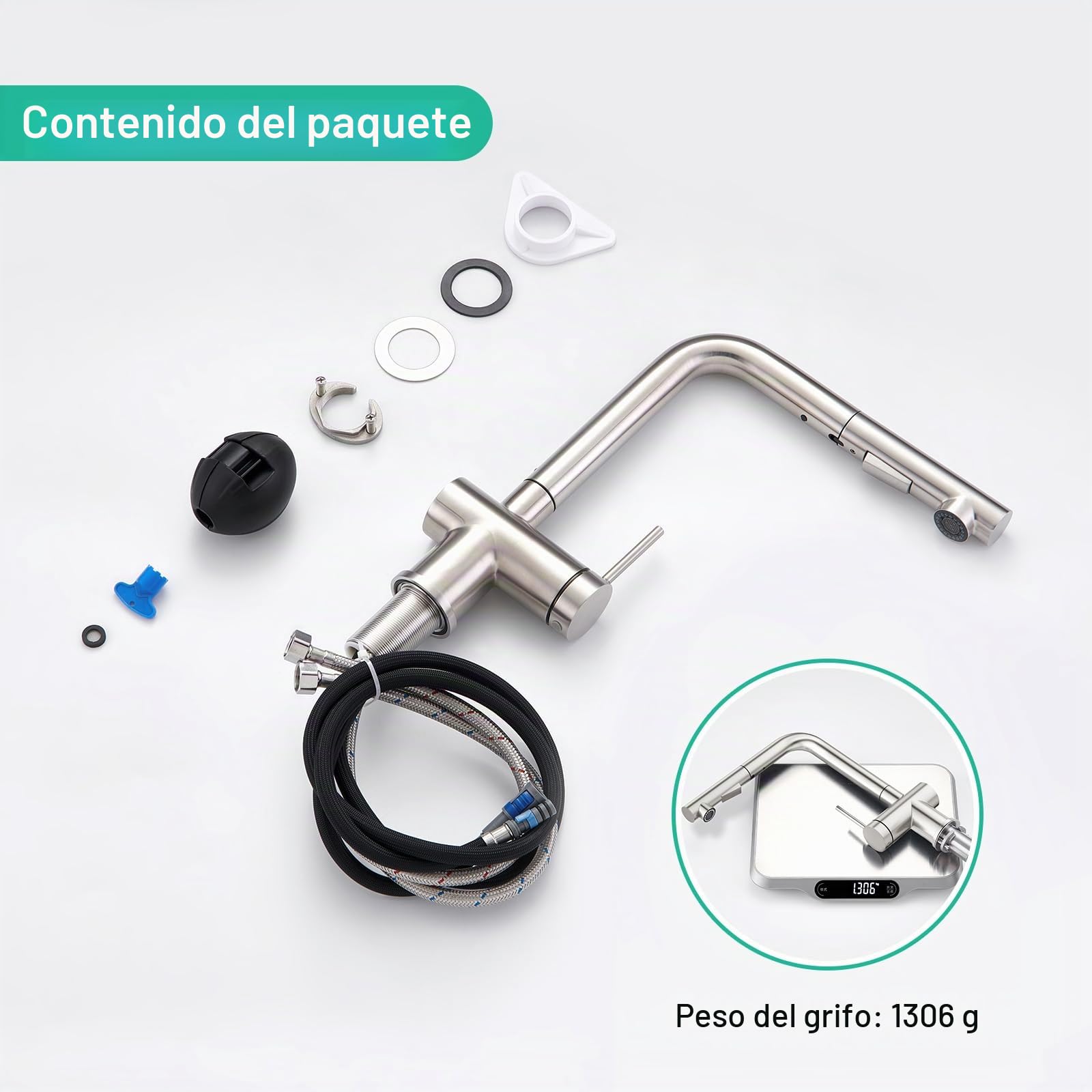 Faustina Grifo para Fregadero de Cocina Extraíble, Mezclador Monomando, cepillado