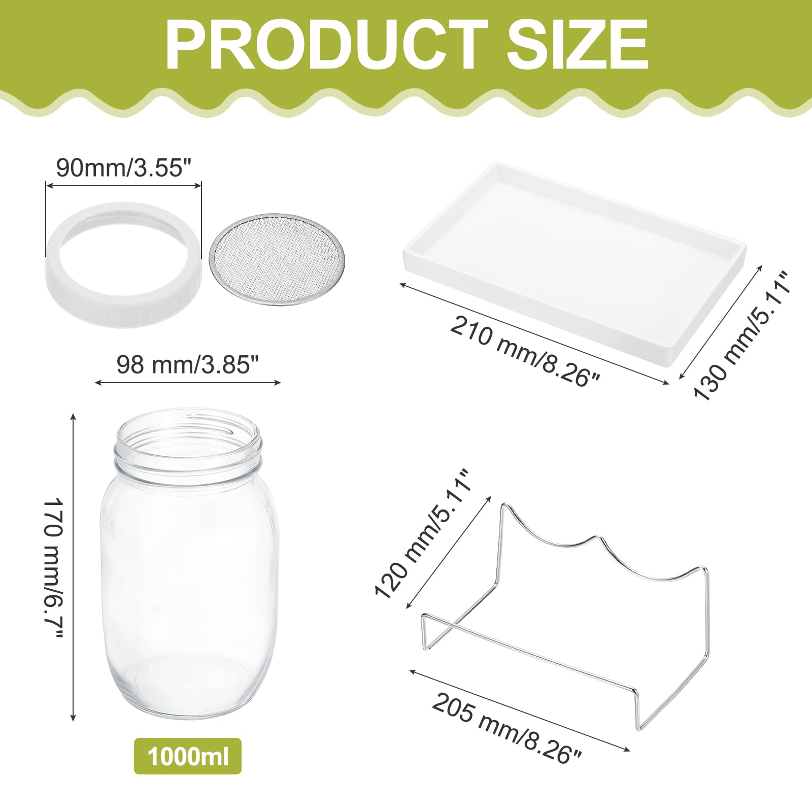 QUARKZMAN Kit de Germination - 2 Bocal de Germination de 1000 ML Comprenant 2 Manchons, 1 Support, 1 Plateau et 1 Brosse – pour Germes, Cresson et Micro-Pousses - Blanc
