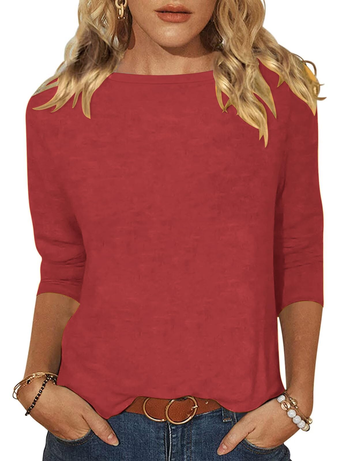 Minetom Tshirt Damen 3/4 Arm Shirt U-Boot Ausschnitt Leichte Pullover Tops Basic Oberteil Sommer Herbst