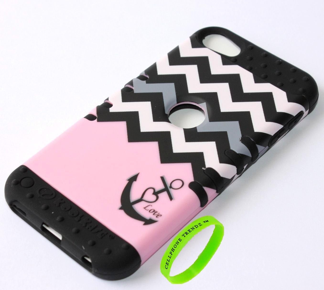 3-piece Impact Hybrid Combo Hard Case Cover For iPod Touch 5th Generation - Chevron Anchor Design Hard Case (Pink Love Anchor on Black Silicone)