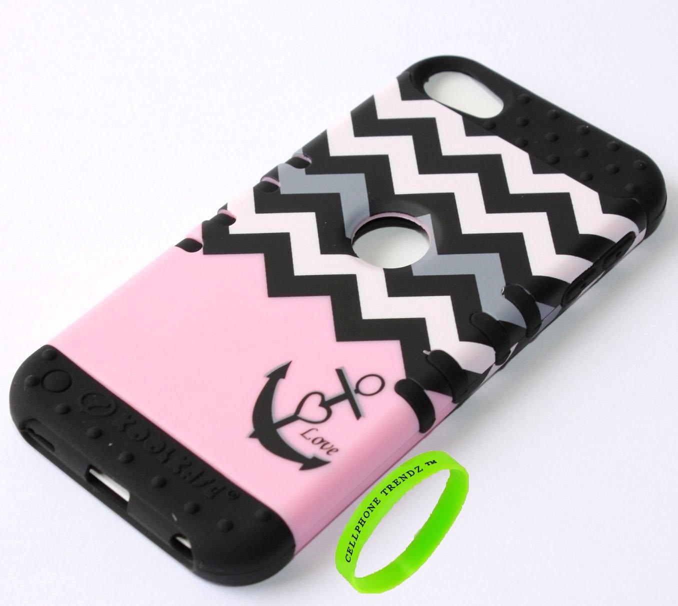 3-piece Impact Hybrid Combo Hard Case Cover For iPod Touch 5th Generation - Chevron Anchor Design Hard Case (Pink Love Anchor on Black Silicone)