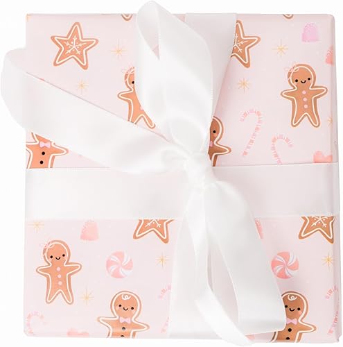 Juego de papel de regalo de pan de jengibre con cinta y etiquetas de regalo, paquete de papel de regalo de Navidad rosa - con hojas de regalo de