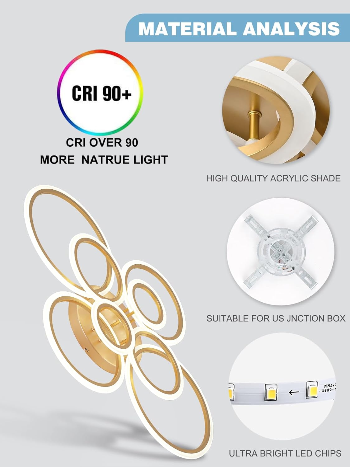 Vikaey Modern LED Flush Mount Ceiling Light, 8 Rings Gold Close to Ceiling Light Fixtures, Living Room Lighting Ceiling Lamp for Dining Room, Bedroom, Kitchen, 4000K Not Dimmable