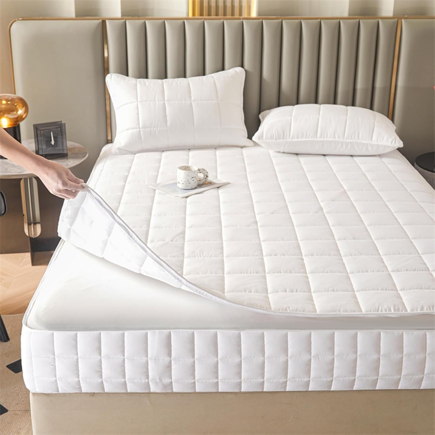 Coprimaterasso Matrimoniale Trapuntato di Tessuto 140x200 180x200, Morbido Copri Materasso Matrimoniale Singolo con Cerniera Traspirante, Lavabile(White,180x200+20cm)