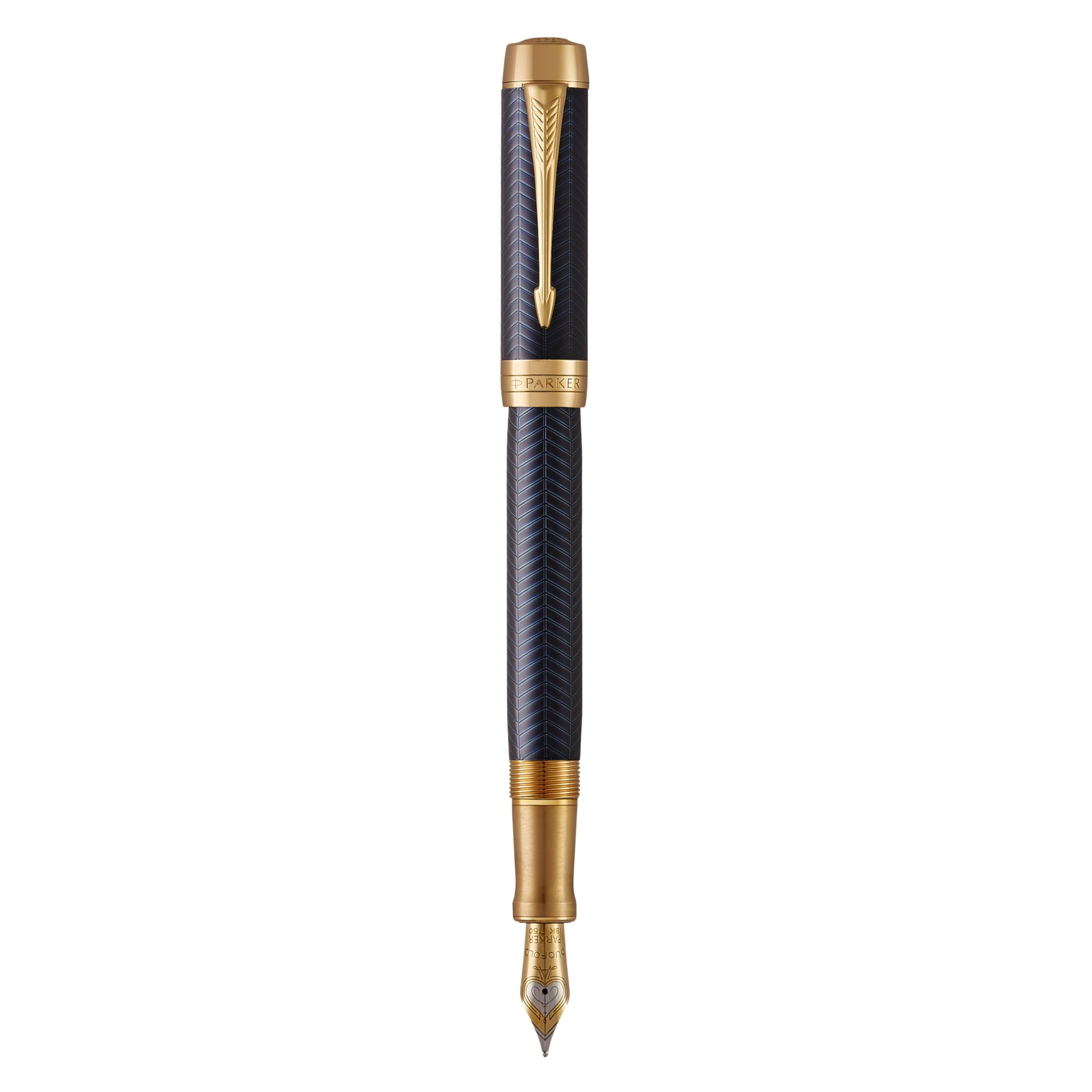 Parker Duofold Prestigepluma estilográfica galoneada de color azul Centennialplumín fino de oro macizotinta negra y convertidor