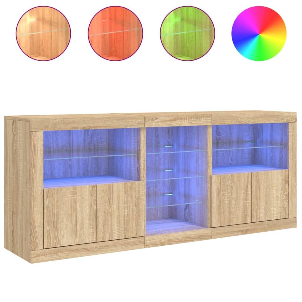 Modernes Sideboard mit LED-Lichtern, RGB, Sonoma-Eiche, 162 x 37 x 67 cm, 3 Stück, robustes Holz, viel Stauraum, praktische Türen, Displayfunktion,