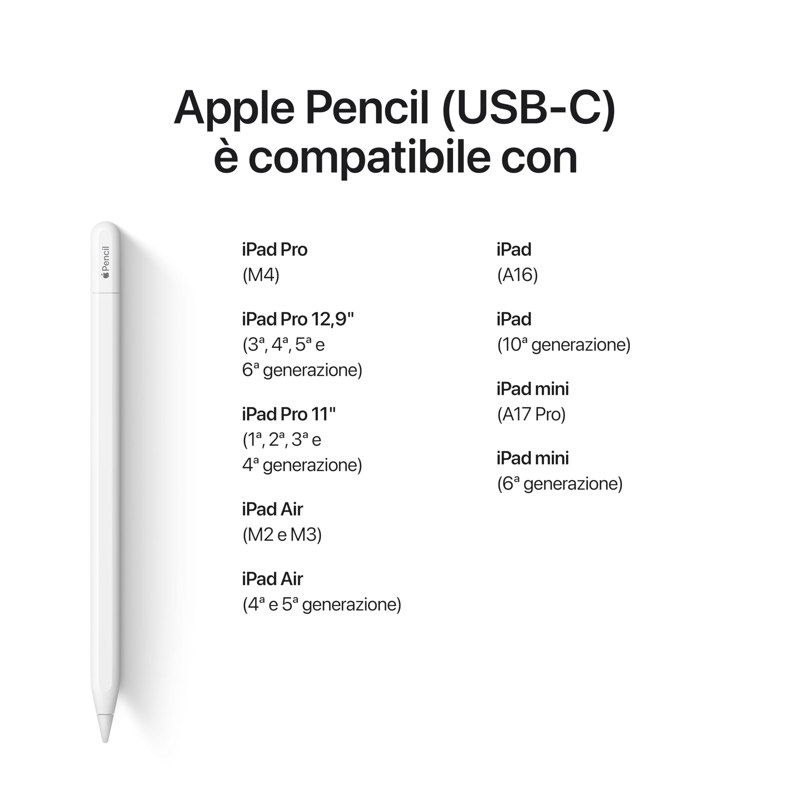 Apple Pencil (USB-C): precisione al pixel, sensibilità all’inclinazione e la più bassa latenza del settore, per prendere appunti, disegnare e firmare documenti