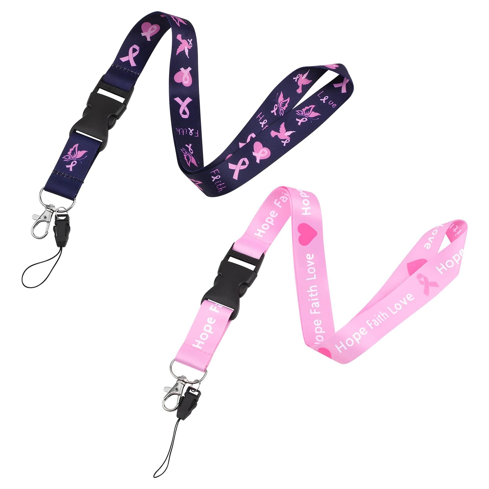 WANDIC 2 Pcs Breast Cancer Awareness Lanyard, Pink Ribbon Lanyard Neck Lanyard Strap Badge Card Holder with Quick Breakaway Buckle for Keychain Phone Holder