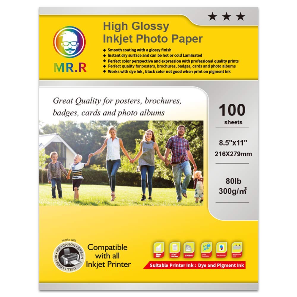 MR.R Carta fotografica lucida a getto d'inchiostro singolo lato con 100 fogli per confezione 8,5 x 28,9 cm, 36,3 kg, 300 g/m²