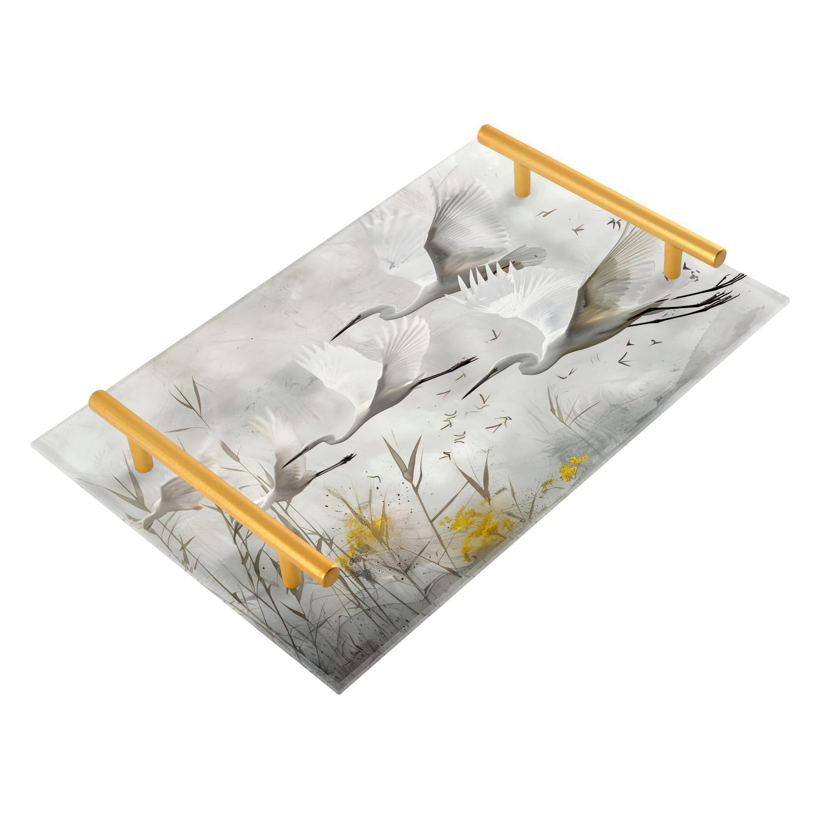 GUIJI Cranes Acrylic Tray, Perfume Cosmetic Jewelry Decorative Trays Bathtub Organizer, Living Room Kitchen Serving Tray with Gold Handles