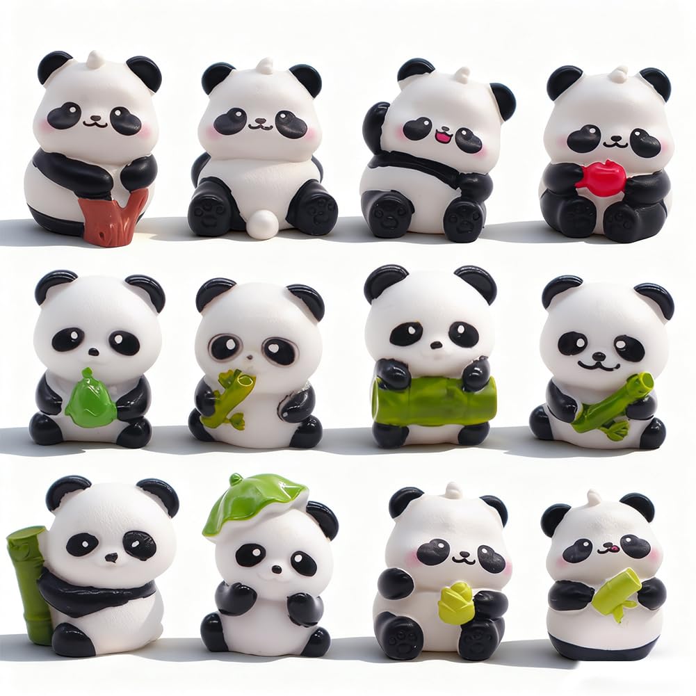 12 Pcs Panda Figures, Mini Panda Ornaments, Panda Cake Topper, Mini Animals Cake Topper for Birthday Gift Desk Decorations