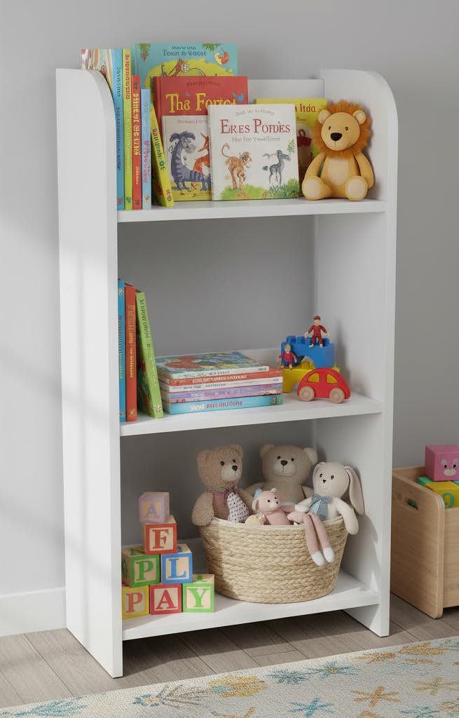 Leomark scaffale per cameretta bambini 50cm x 25cm x 102,5cm (LxPxA), mobile porta giocattoli, libreria armadio pannelli stile scandina, mobili in legno colore BIANCO