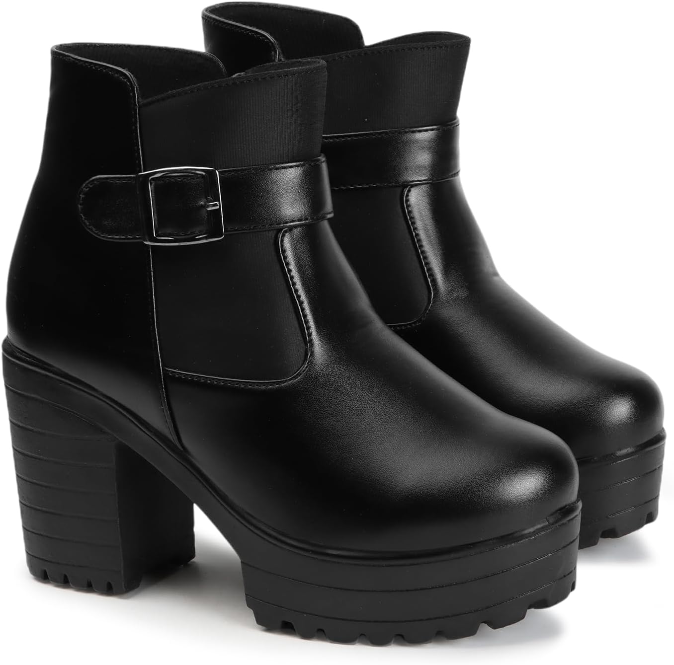 Women's Round Toe Ankle Boots Buckle Zipper Chunky Block Heel Boots for Women