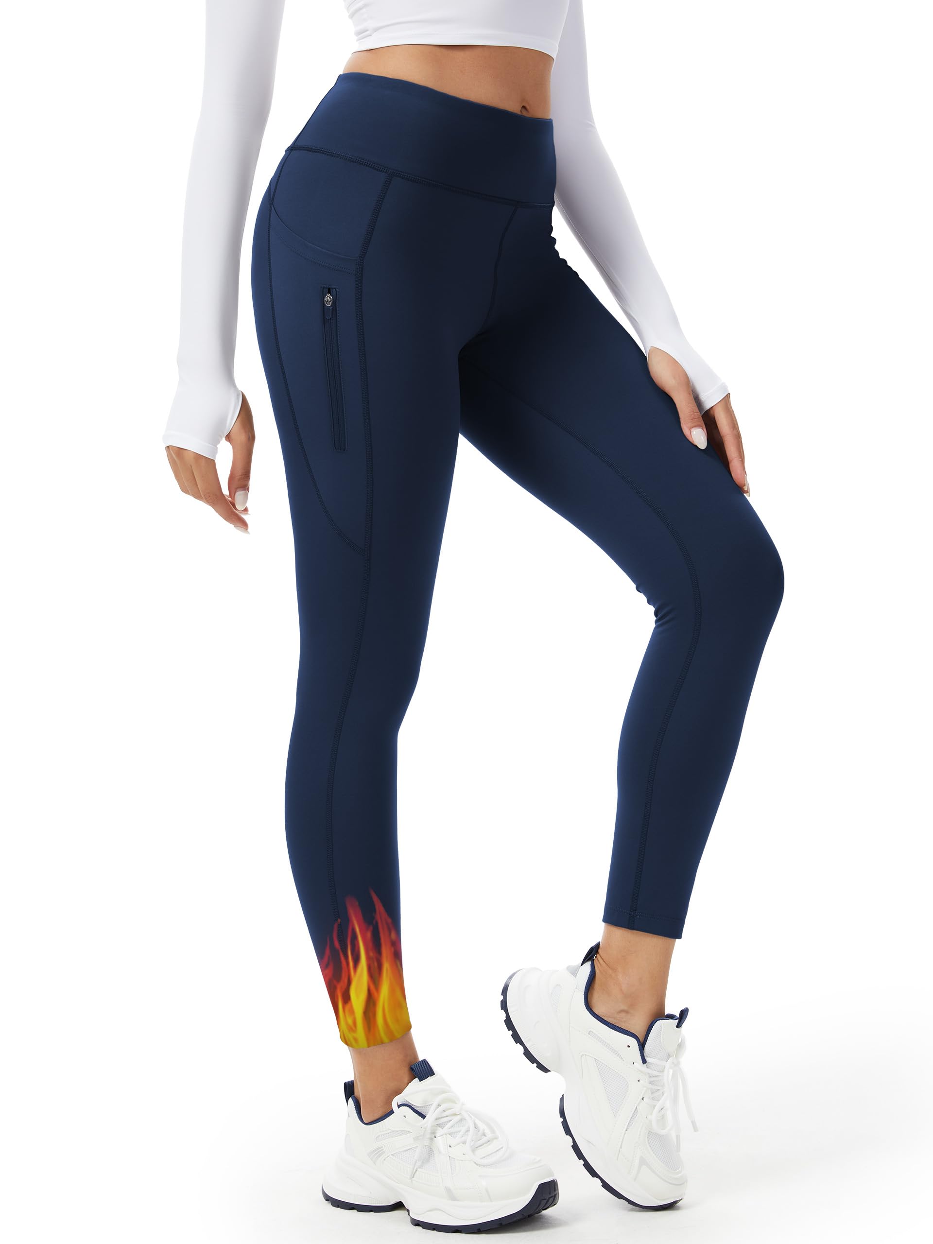 Tall Womens 32/34/36 Inseam Fleece Lined Leggings Thermal High Waisted Yoga Pants 3 Pockets Winter Warm Bottoms — Navy Blue by Amazon