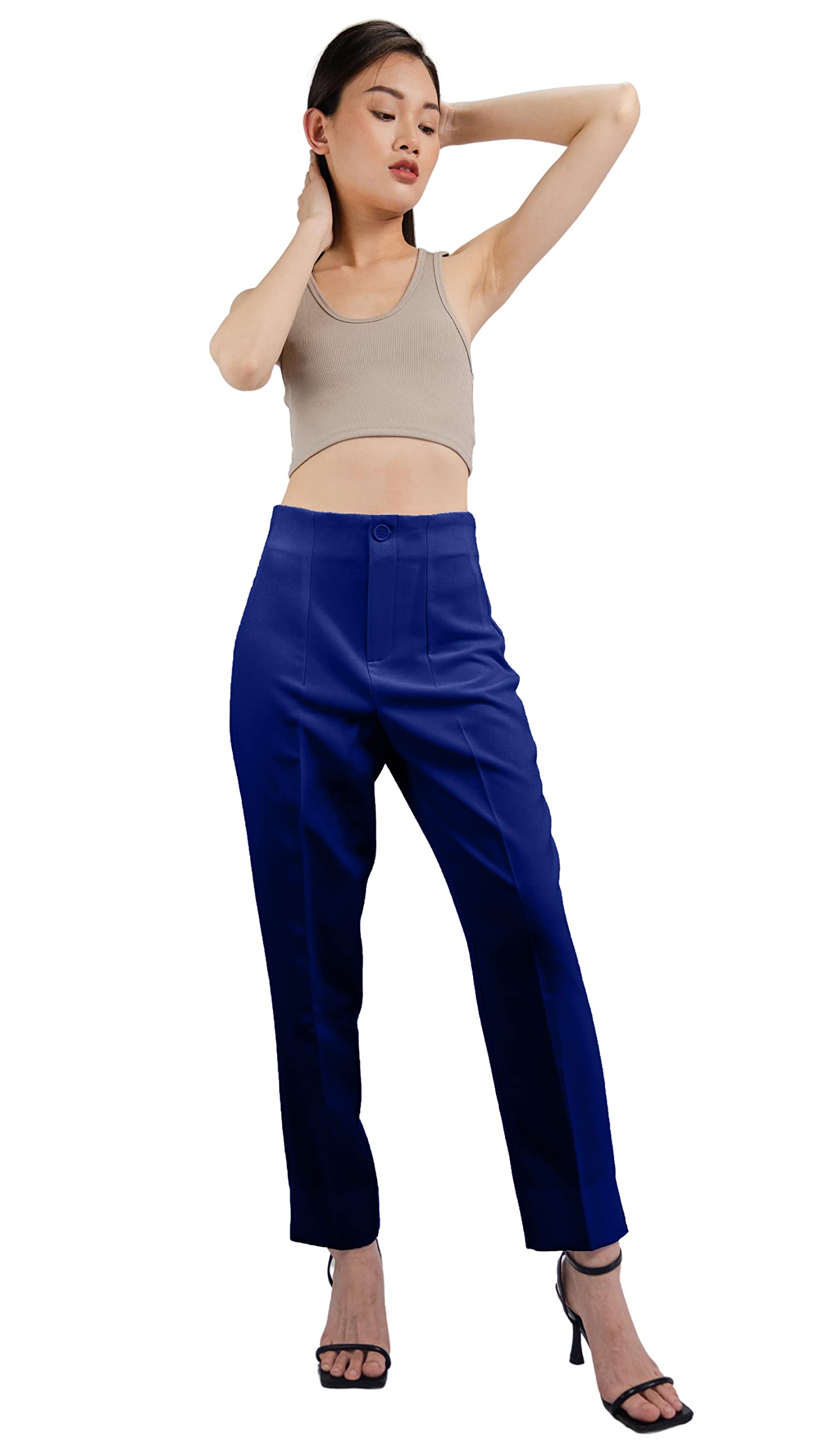 SANDY SID Womens Casual High Waisted Slim Fit Work Pants Stylish Front Button Ankled Straight Work Pants Office