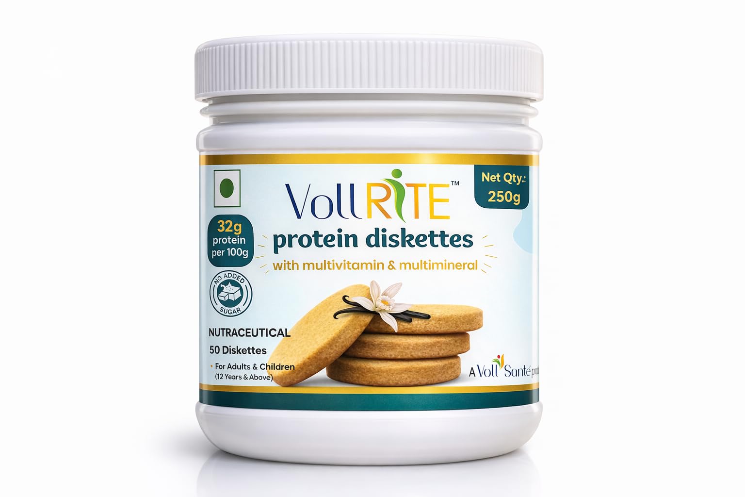 Voll RiTE Protein Diskettes | Protein Biscuit with multivitamin and multimineral| No Sugar| Cholesterol free| High Protein with B Vitamins | Vanilla Flavour, 250g