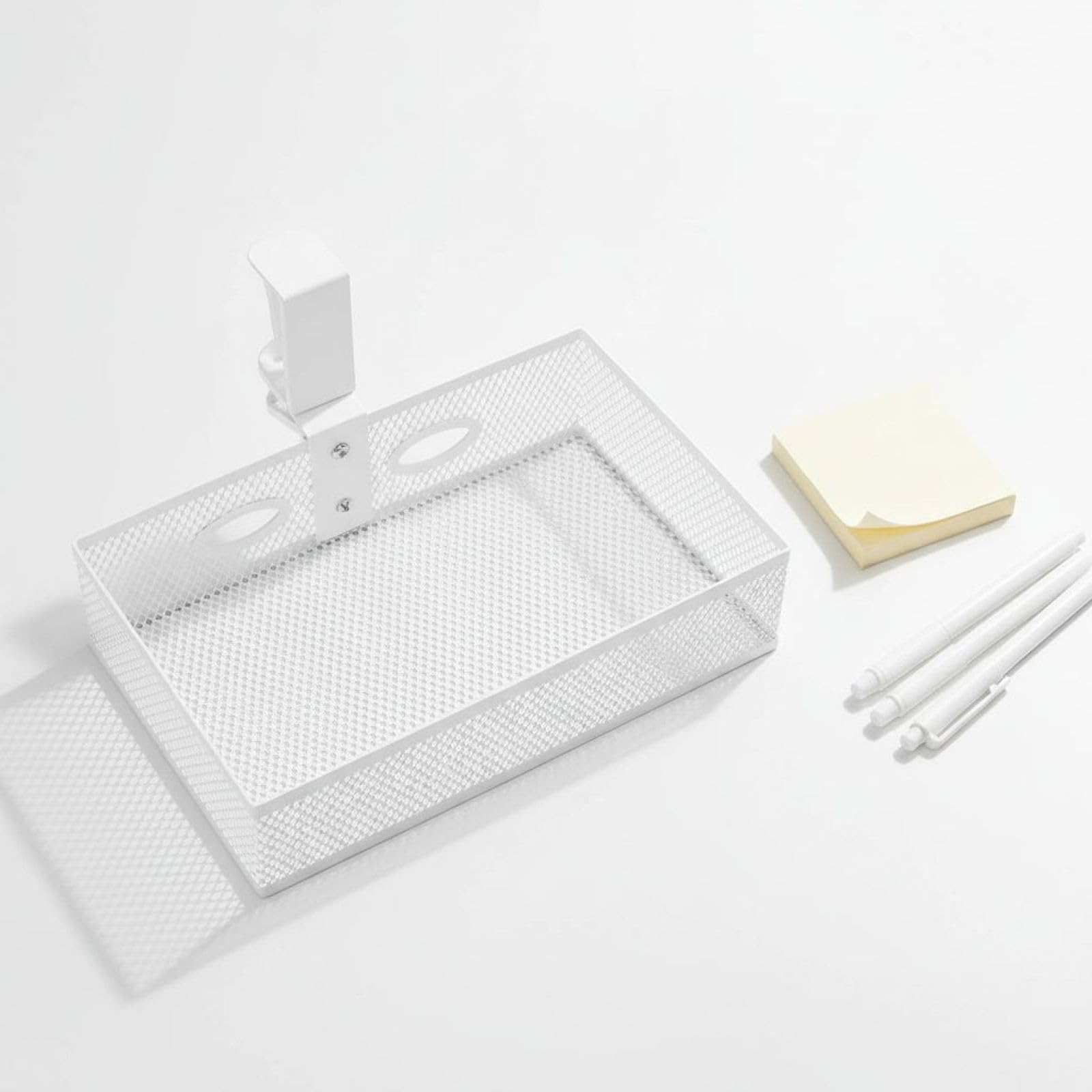 Organizer da scrivania da 25 cm, con morsetto girevole a 360°, scatola portaoggetti in rete metallica per forniture artistiche per casa e ufficio, organizer da scrivania ordinato, bianco