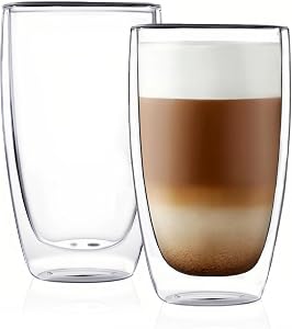 CnGlass Double Wall Thermo Glass Coffee Cup 13.5 oz,Clear Insulated Glass Coffee Mug,Set of 2