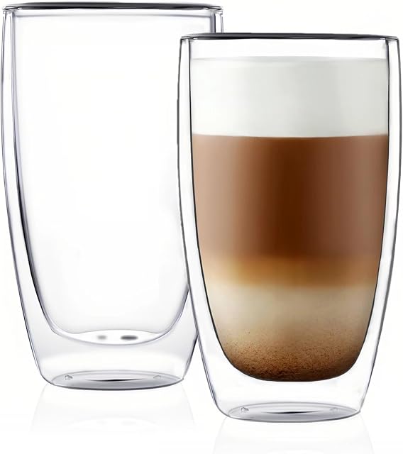 CnGlass Double Wall Thermo Glass Coffee Cup 13.5 oz,Clear Insulated Glass Coffee Mug,Set of 2