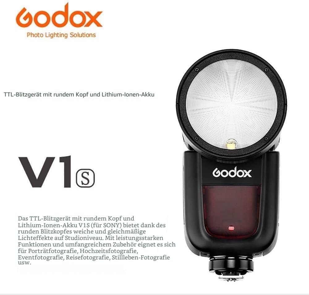 Godox V1-S TTL Kamera Blitzkamera Blitzgerät Rund Aufsteckblitz, 2,4G 1/8000 HSS 76 W Speedlite mit 2600 mAh Li-Ion Akku, Kompatibel mit Sony Kamera