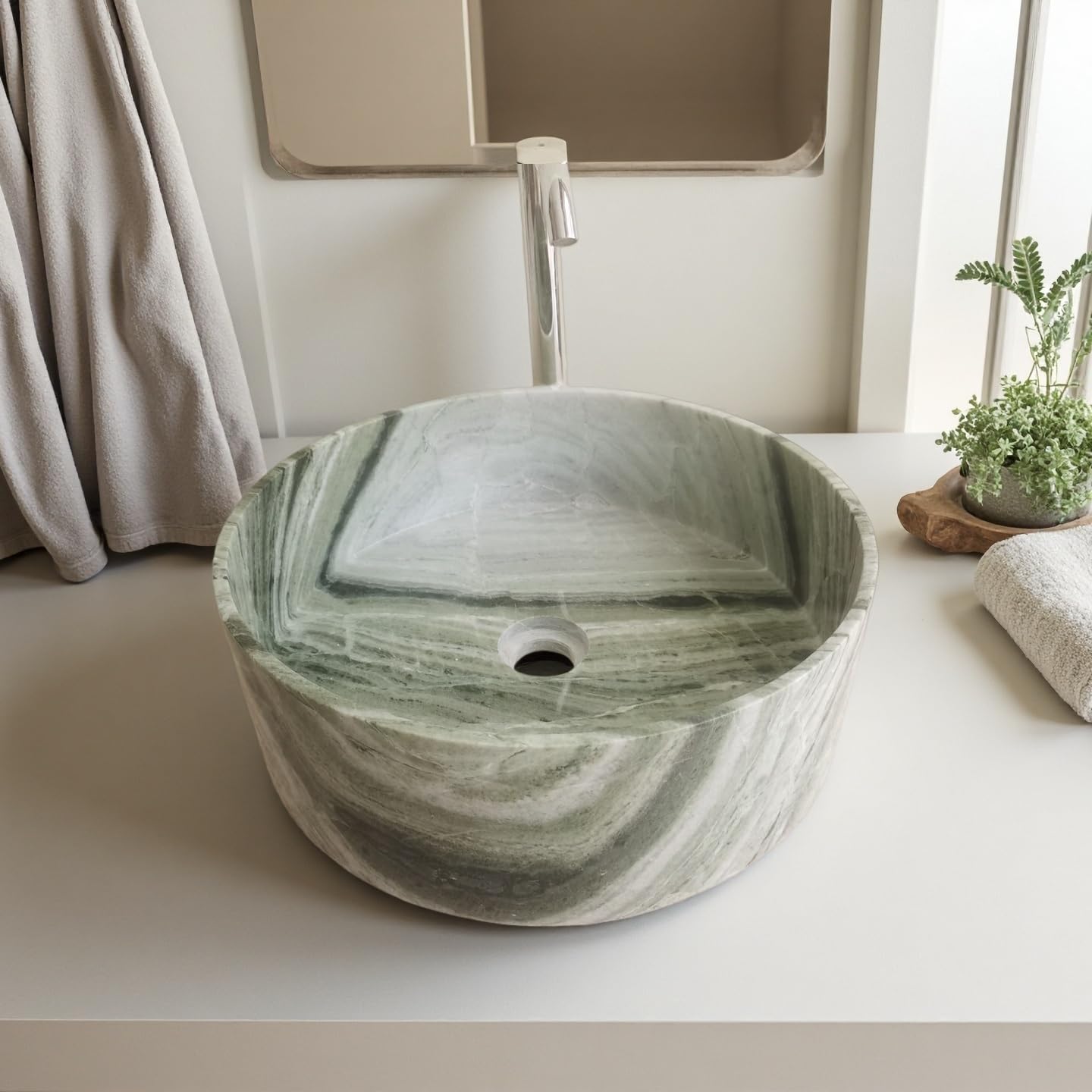 Raggio Verde Stone Sangarila - Fregadero de piedra de mármol verde, redondo, 15.7 x 4.7 pulgadas