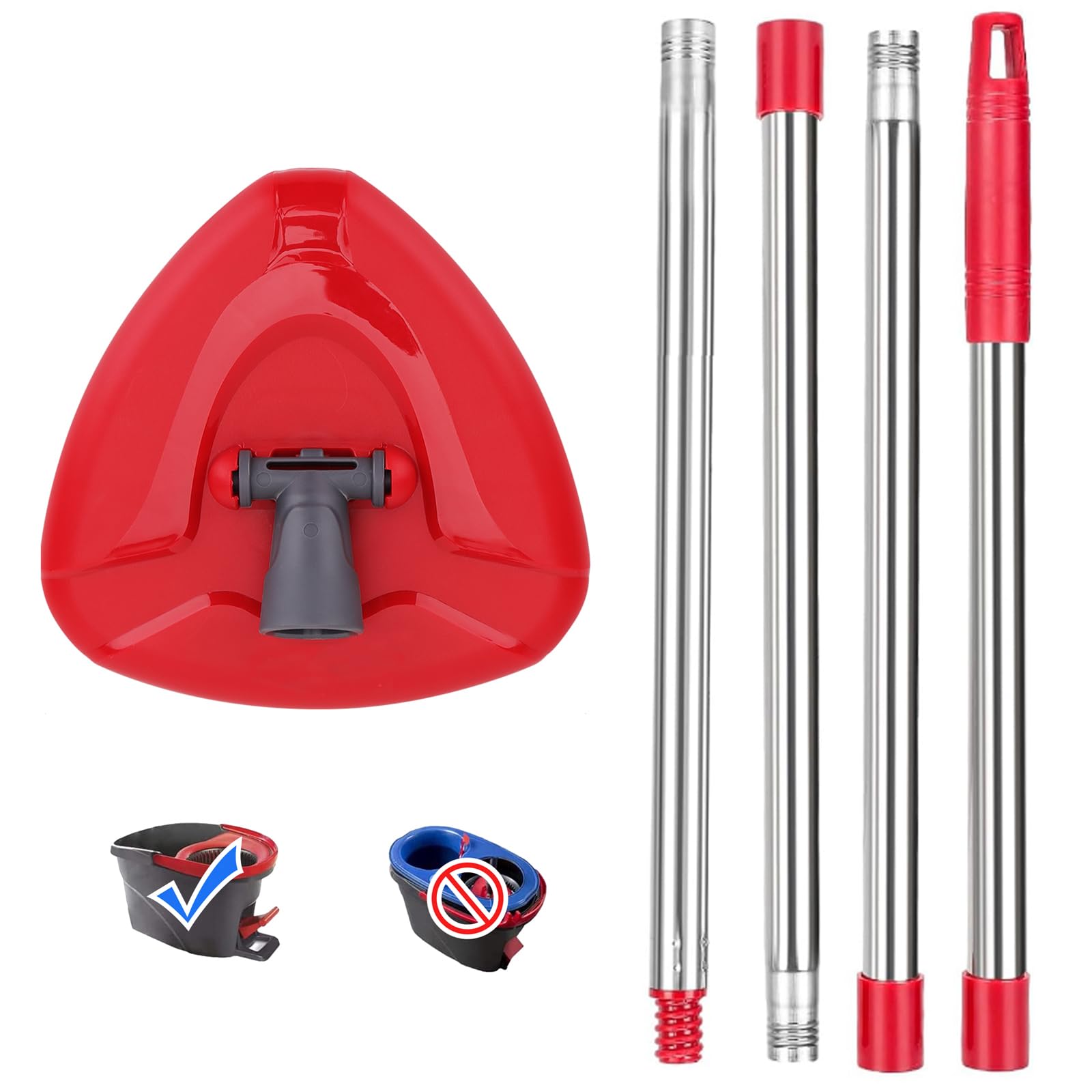 Red Rotating Mop Head Base with Mop Handle for Vileda Turbo Spin 2in 1.3in1, Triangular Mop Replacement Replacement for Turbo Smart/EasyWring&Cleaning Mop Accessory