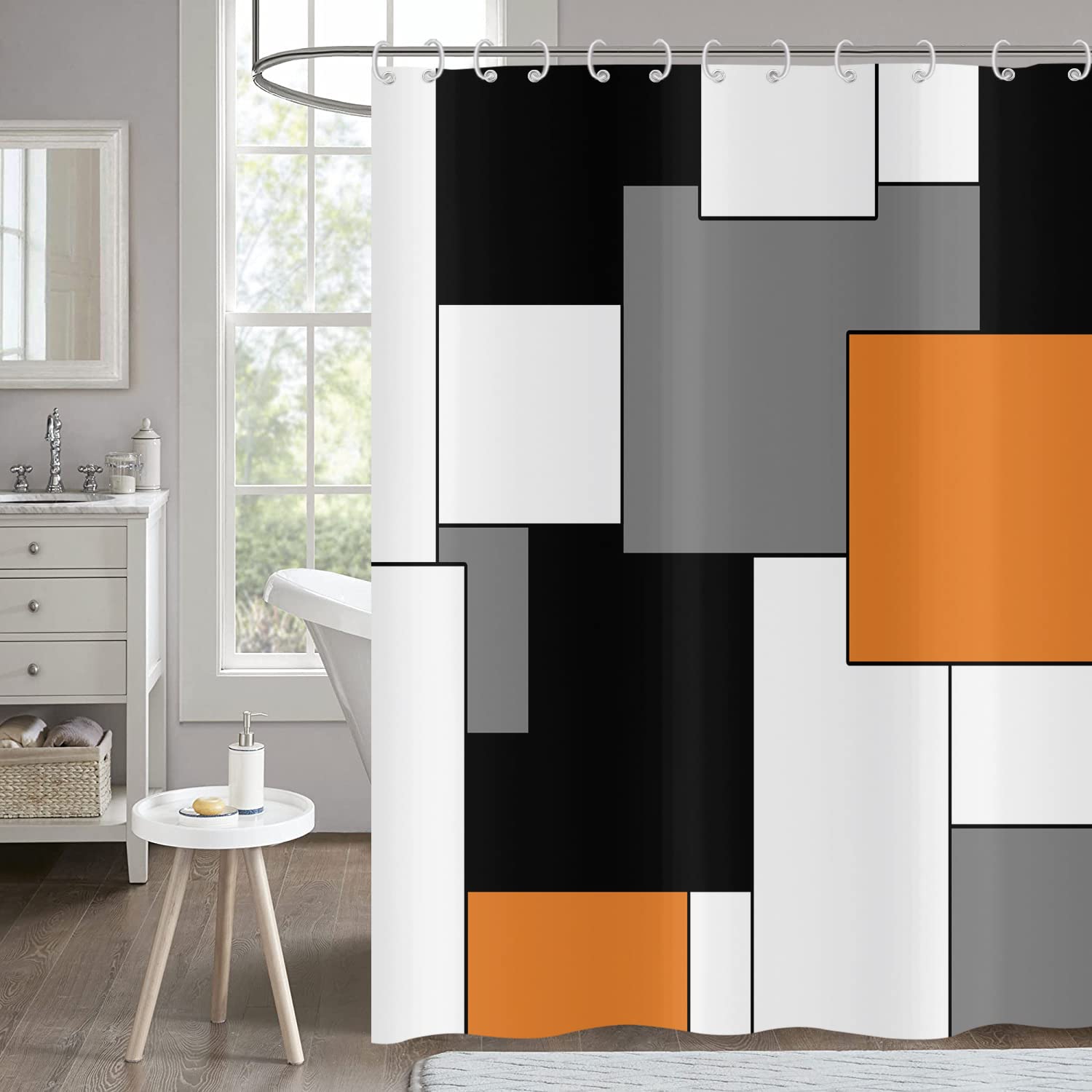 Hnmdmyi Cortina de Ducha Naranja 180x180, Gris Blanco y Negro Cortinas de Baño Modernas Geométricas Decorativas Cortina de Baño Tejido de Poliéster Impermeable Lavable para Baño con Ganchos