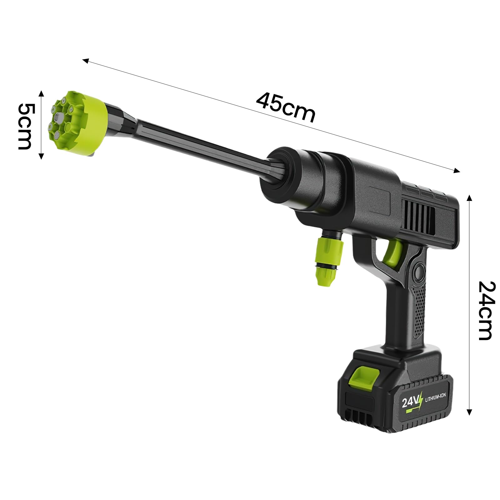 Limpiador de alta presión inalámbrico de 24 V, 30 bar, 6 en 1 boquilla, 180 °, boquilla giratoria, 5 m, manguera, distancia de pulverización 8 – 10 metros, 1 batería 1 cargador, para lavado y riego de
