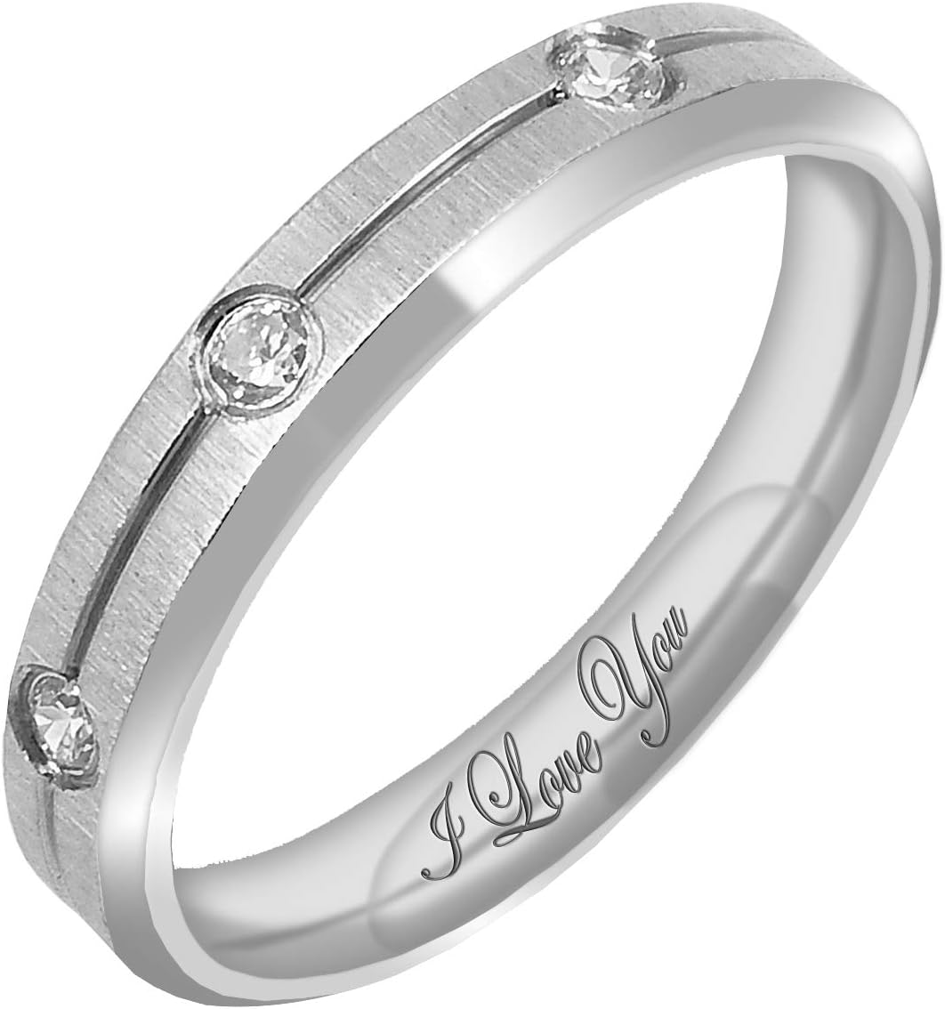 Everstone Women's Matte & Brushed 4MM & 6MM Flat Beveled Edge Promise Ring Wedding Bands Titanium Ring Color: Platinum Engraved I Love You