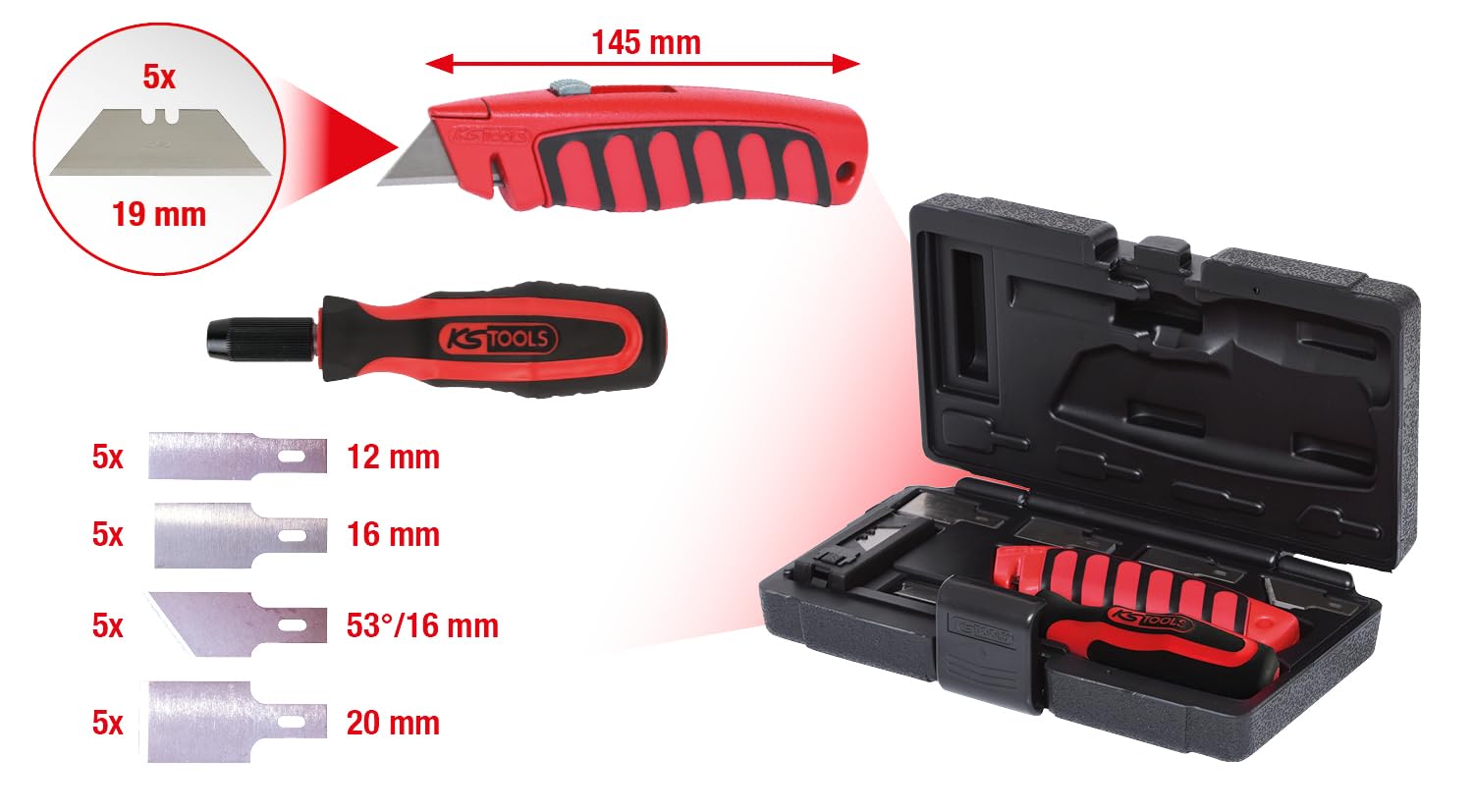 KS TOOLS 907.2200 zestaw skrobaków/noży w walizce, skrobak, nóż do cięcia, 27-częściowy