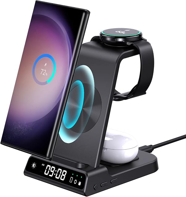 3 in 1 Wireless Charging Station for Samsung Galaxy S23 Ultra, Charger Stand Compatible with iPhone 14 Pro Max/Z Fold 4, Watch Charger for Galaxy Watch 5 Pro/4/3, Buds/Air-Pod (Only for Samsung Watch)