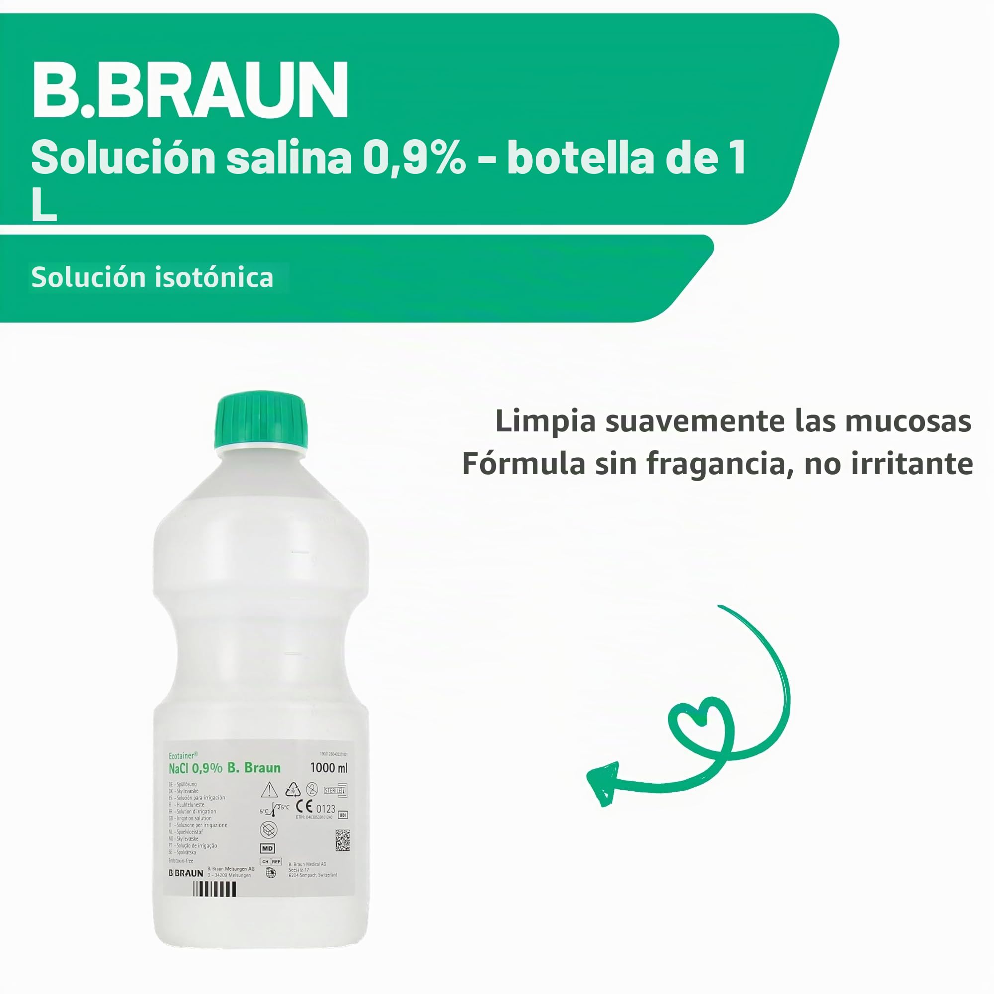 B. Braun Solución salina fisiológica 0,9% 1 Litro Estéril para uso nasal, ocular y limpieza de heridas