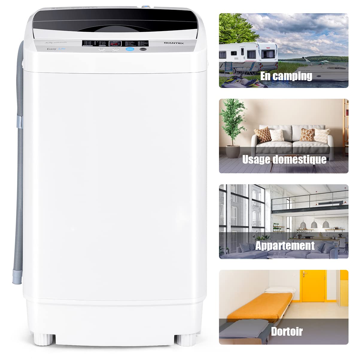 GOPLUS Machine a Laver Portable Automatique 4,5 KG avec Pompe, Charge 310W, Mini Lave Linge avec Essorage, 10 Programmes, Séchage à l’Air, Écran de Commande LED, 50x50x85 CM, Blanc, pour Appartement