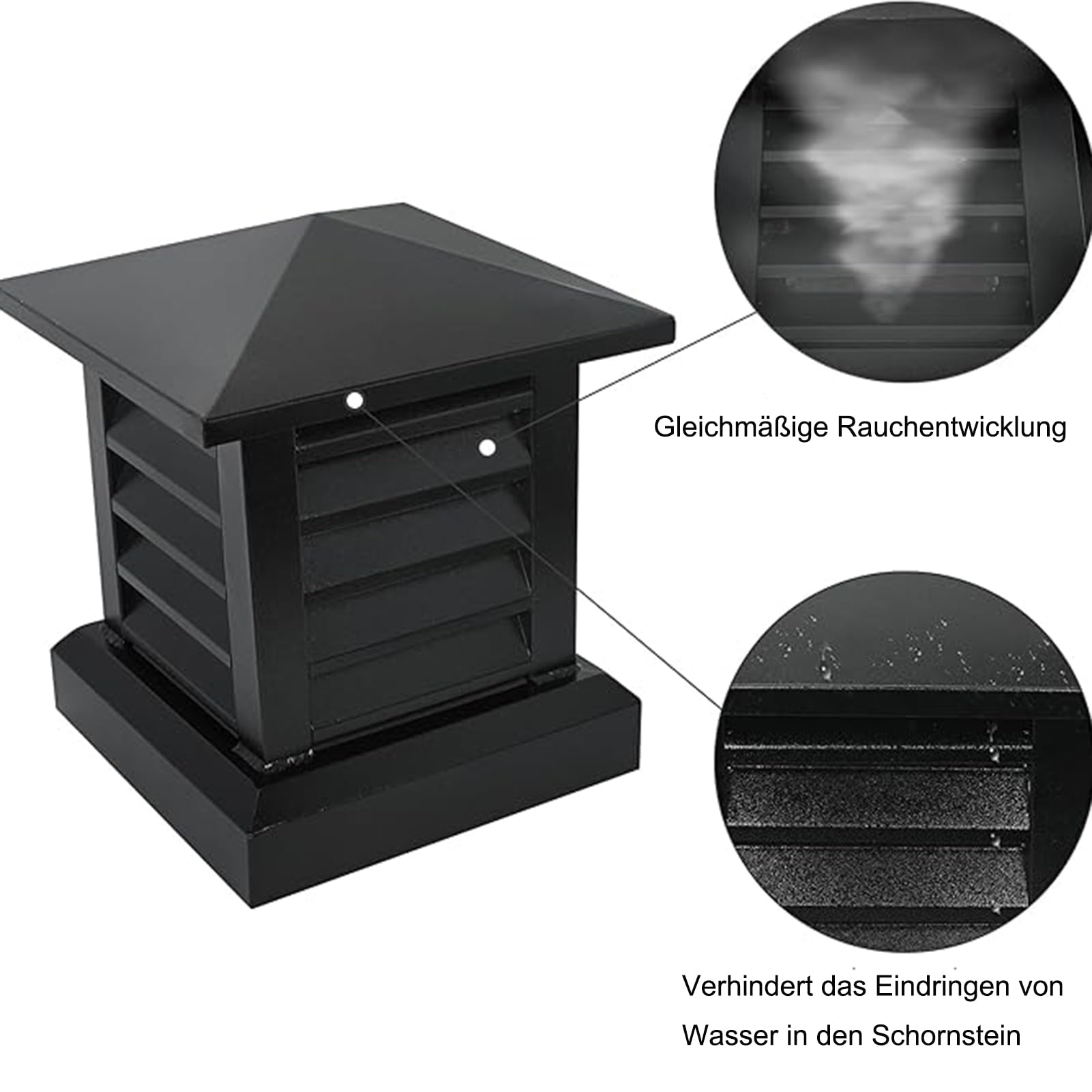 Schornsteinabdeckung Regenhaube Schornstein kaminhaube Aluminium Abdeckung für Zigel, Quadratische Form mit Konischer Spitze Außenbereich Geeignet Winddicht Regenfest Kamin Schwarz (50cm)