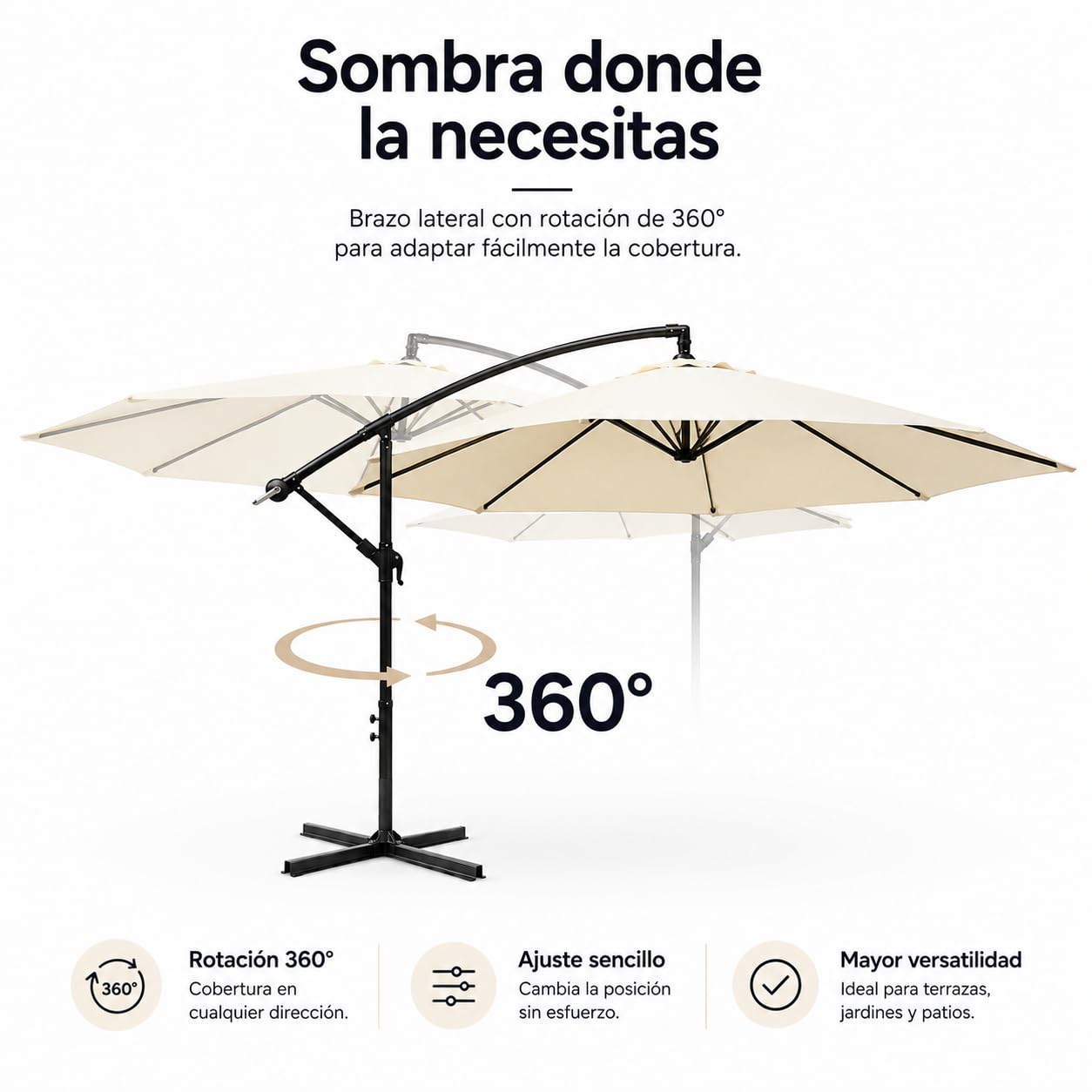 Sombrilla Terraza Exterior 3 m Lateral Inclinable 360° – Parasol Excéntrico de Jardín con Manivela, Mástil Lateral, Protección UV, Tejido Impermeable, Beige (sin base)