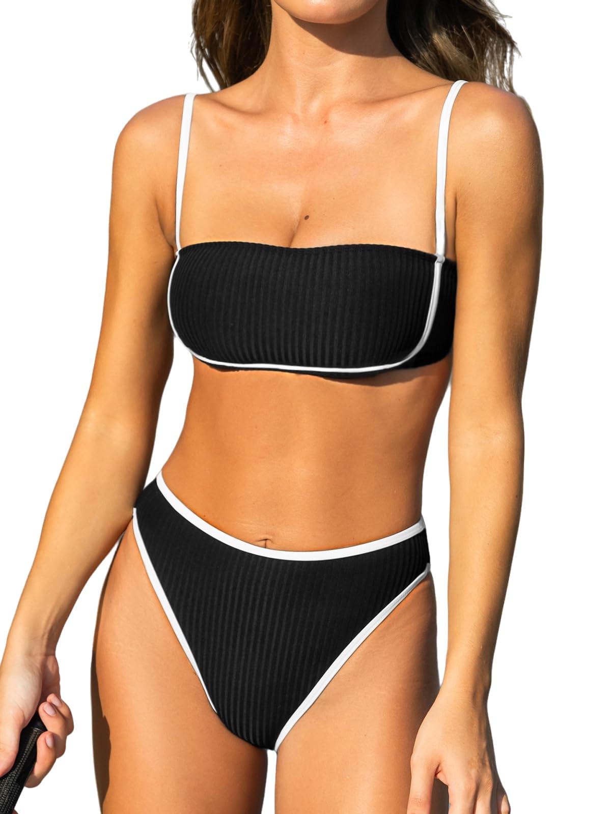 CUPSHE Womens Bikini Sets Two Piece Swimsuit High Waisted Square Neck Back Hook Color Block Cheeky Bottom