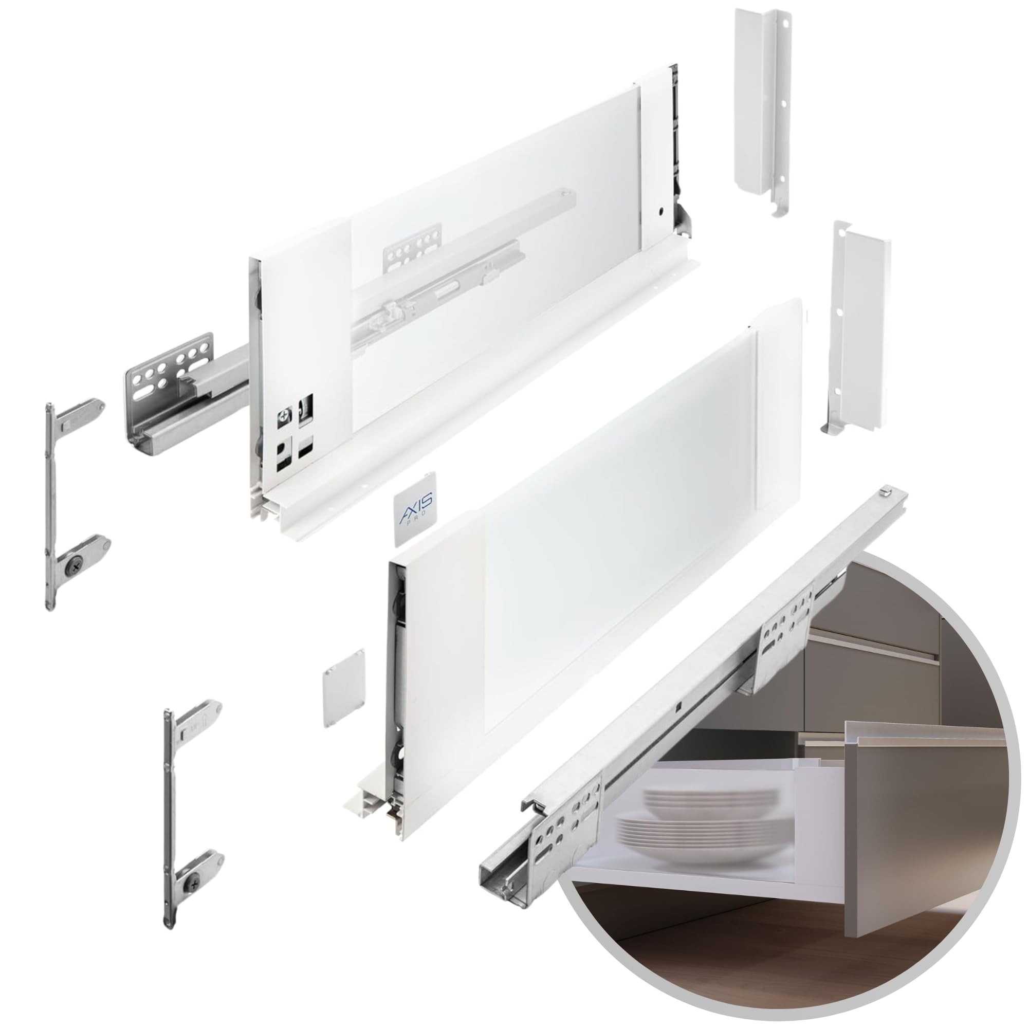 GTV - Sistema de cajones AXIS PRO | Cajón con lados de cristal | Cajón | Sistema de cajones | Altura: 167 mm Longitud: 500 mm | Blanco con cristal lechoso