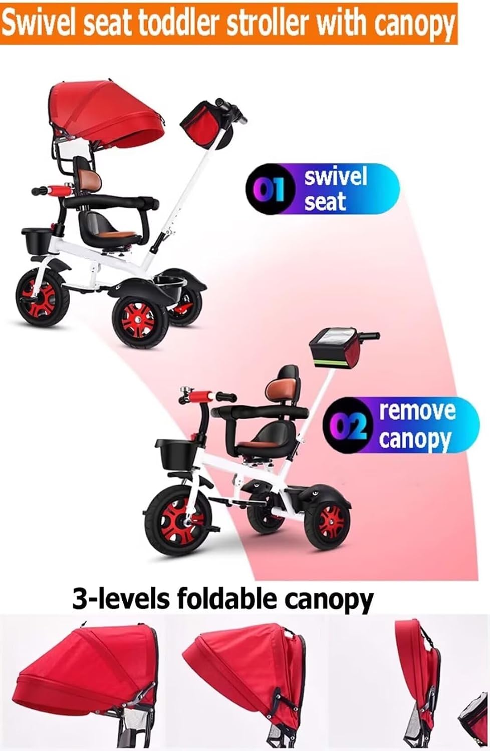 Swivel seat Kids Stroller tricycles,Toddler Trolley for Age 1-5,Parent Steering Push Trike with Removable Canopy and Push Handle,Titanium Wheel,Rear Wheel with Brakes (White Green), Large