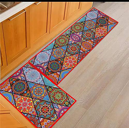 KR Collection Anti Slip Washable Printed Designer Rubber Mat for Kitchen Abstract Floor Mat & Runner with Anti Skid Backing Mat(18 x 55 inches & 17 x 26 Inches, Big Size) (Set of 2) (Design 7)
