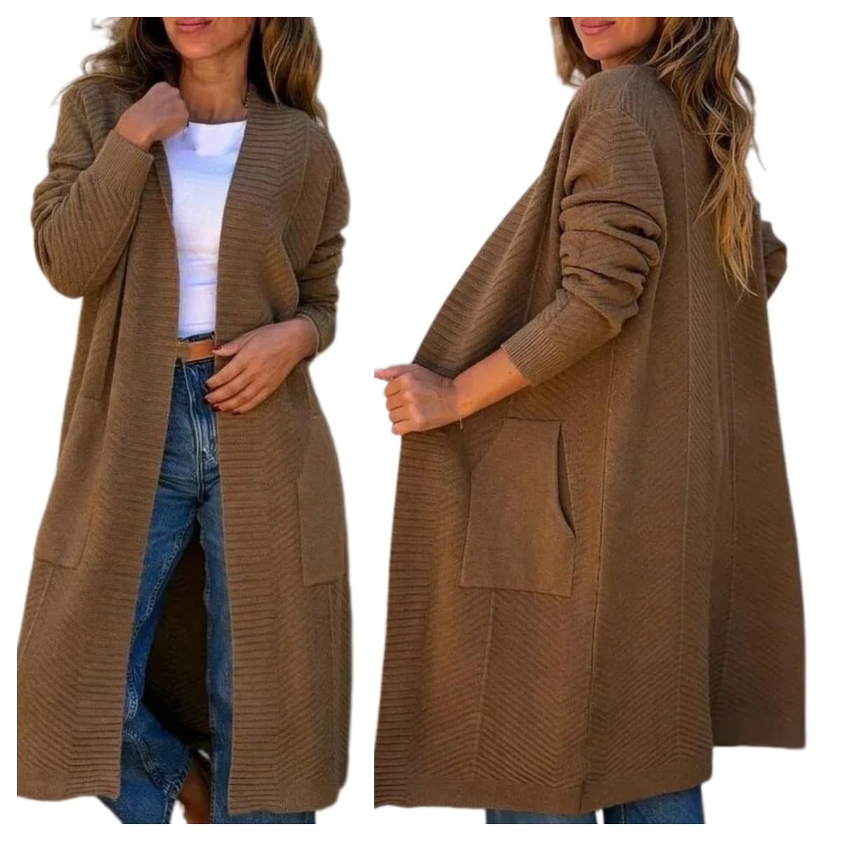 Pull Cardigan, Gilet Long En Maille Pour Femme, Manches Longues, Ouverture Sur Le Devant, Poches, Épaules Tombantes, Coupe Oversize, Vêtement D'Extérieur Confortable À Superposer Pour L'Automne E