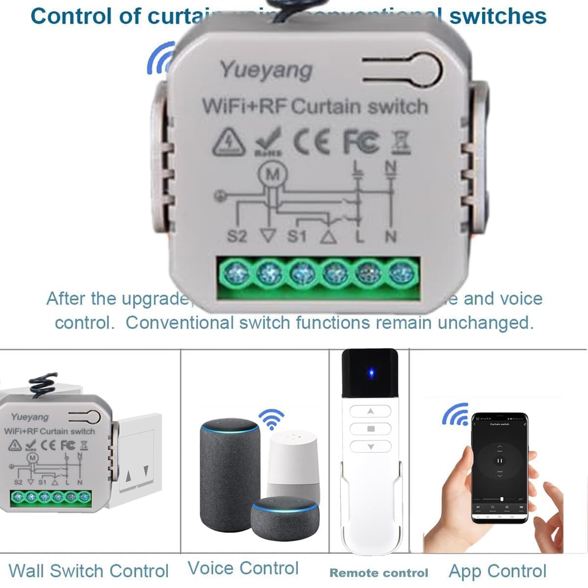 Commutateur de Volets Roulants WiFi avec Télécommandes RF, Module de Commande Sans Fil, Relais Électriques pour Rideaux et Volets, Interrupteur de Minuterie, Contrôle Vocal