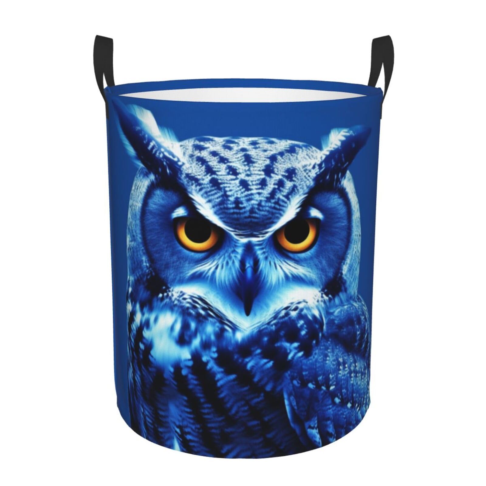 Blue Owl print Circular Hamper Waterproof Storage Bin Organizer Basket Laundry Hamper With Handles For Clothes Toys Small